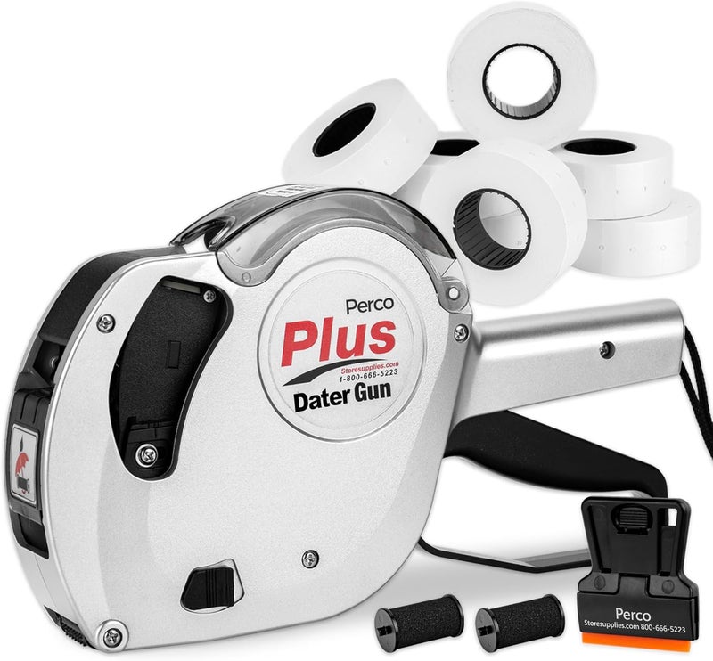 Perco Plus 1-Line Date Marking Gun with Labels Kit - Compares to Monarch 1131-01 Band Includes 1-Line 8-Character Band Date Labeler Gun, 9,000 Blank White Labels, a Label Scraper, and an Extra Inker - Image 1